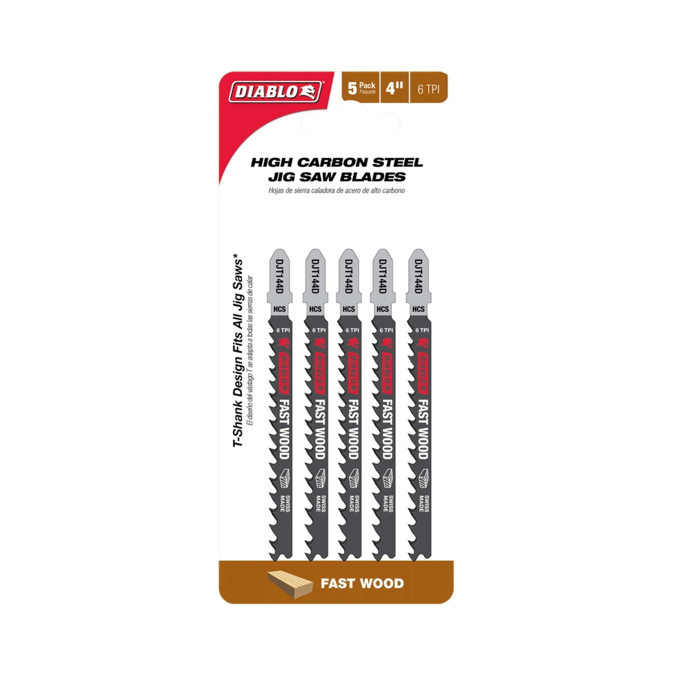 The DIABLO DJT144D5 pack includes five 4-inch, 6 TPI high carbon steel jig saw blades featuring a reversed tooth design and a T-Shank Design Fits All Jig Saws. The Fast Wood blades come in predominantly red and white packaging.